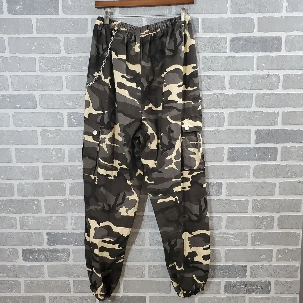 Shein‎ Curve Cargo Pants Womens 0XL 12 Black Gray Cream Camo Print Elastic Waist